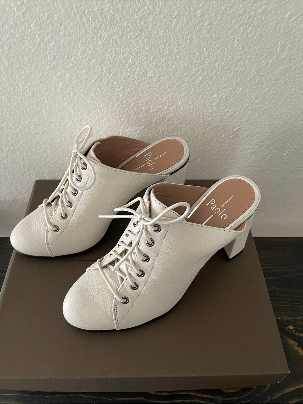 Paolo Off-White Leather Lace-Up Mule Heels